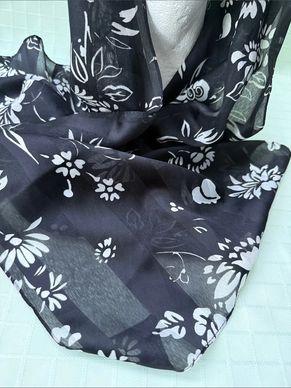 Vintage Black & White Floral Lightweight Silky Scarf